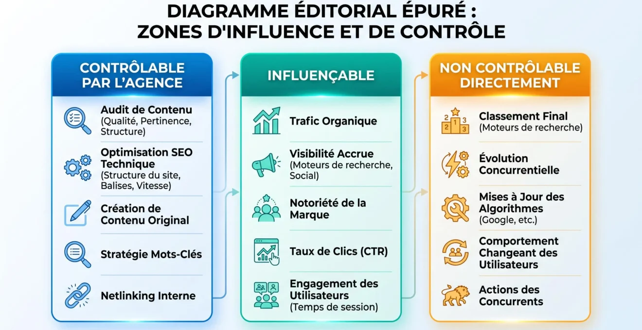 Schéma distinguant actions SEO contrôlables, facteurs influençables et classement Google