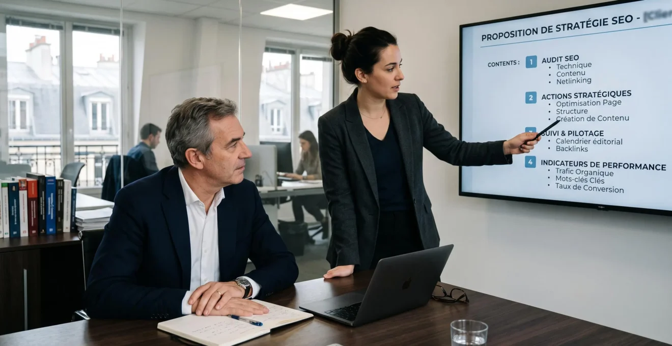 Dirigeant examinant les engagements et indicateurs d’une proposition SEO